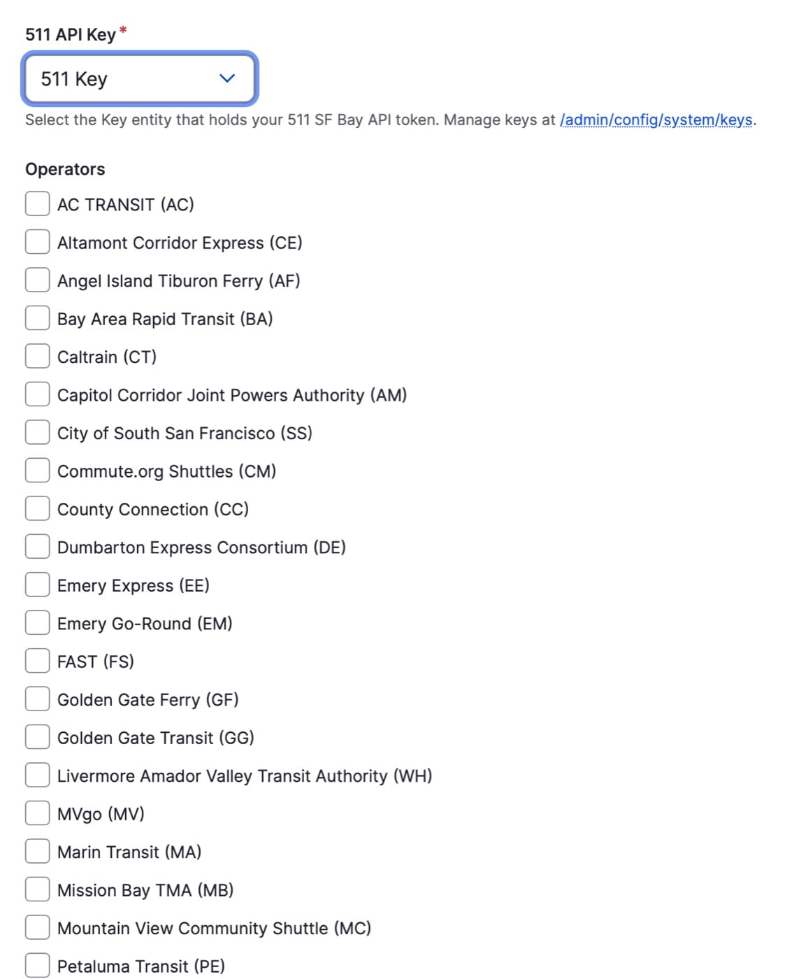 The 511 SF Bay developer portal settings screen, showing the API token field