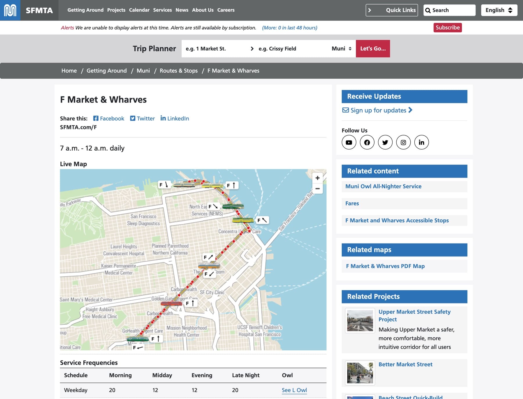 An agency route page listing stops, times, and a service alert