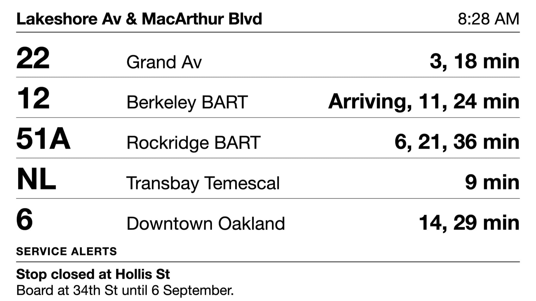 A departure board showing route badges, destinations, and minutes to arrival