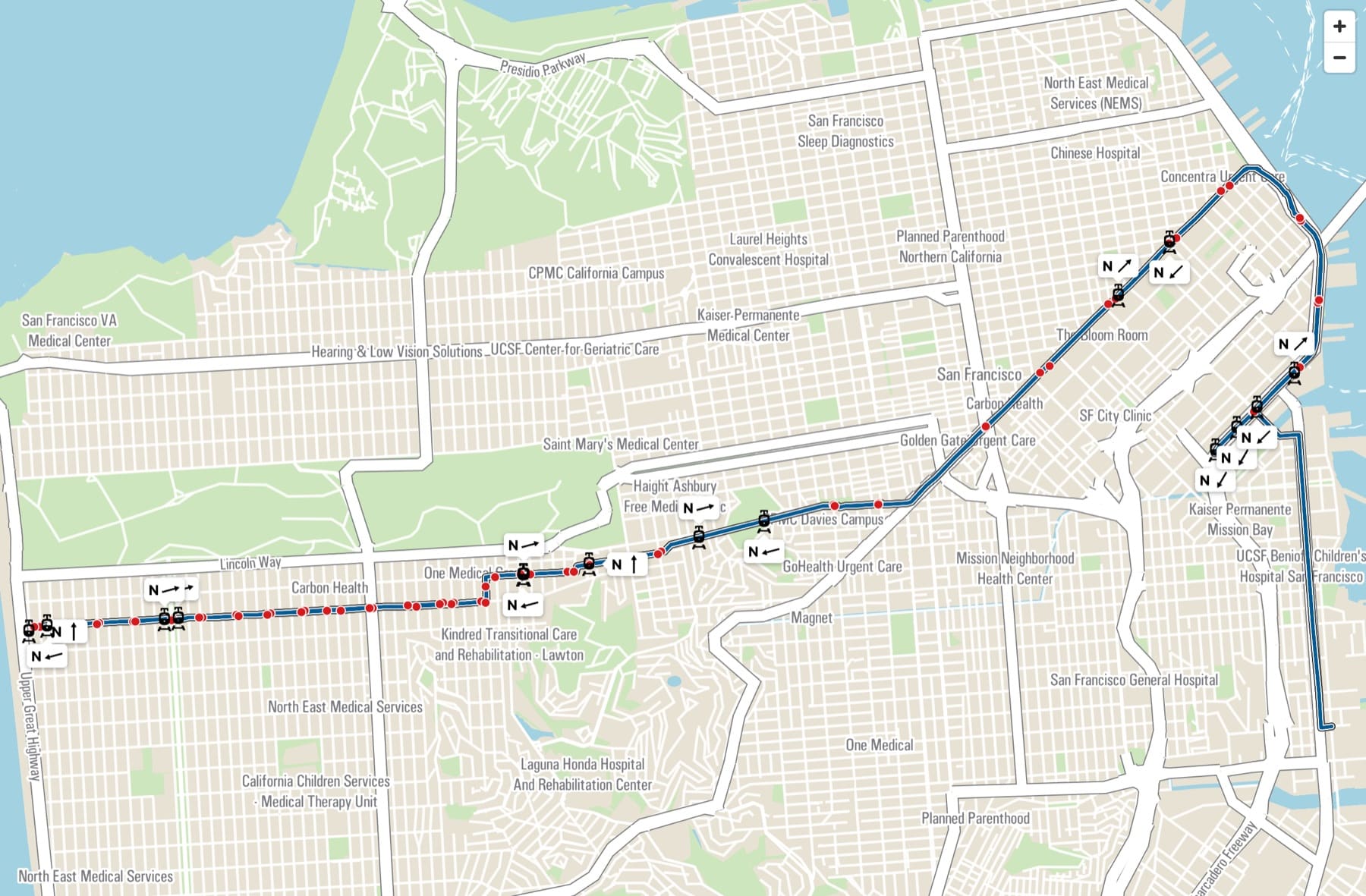 A live map of a light-rail line with train icons showing heading, and dots marking each stop