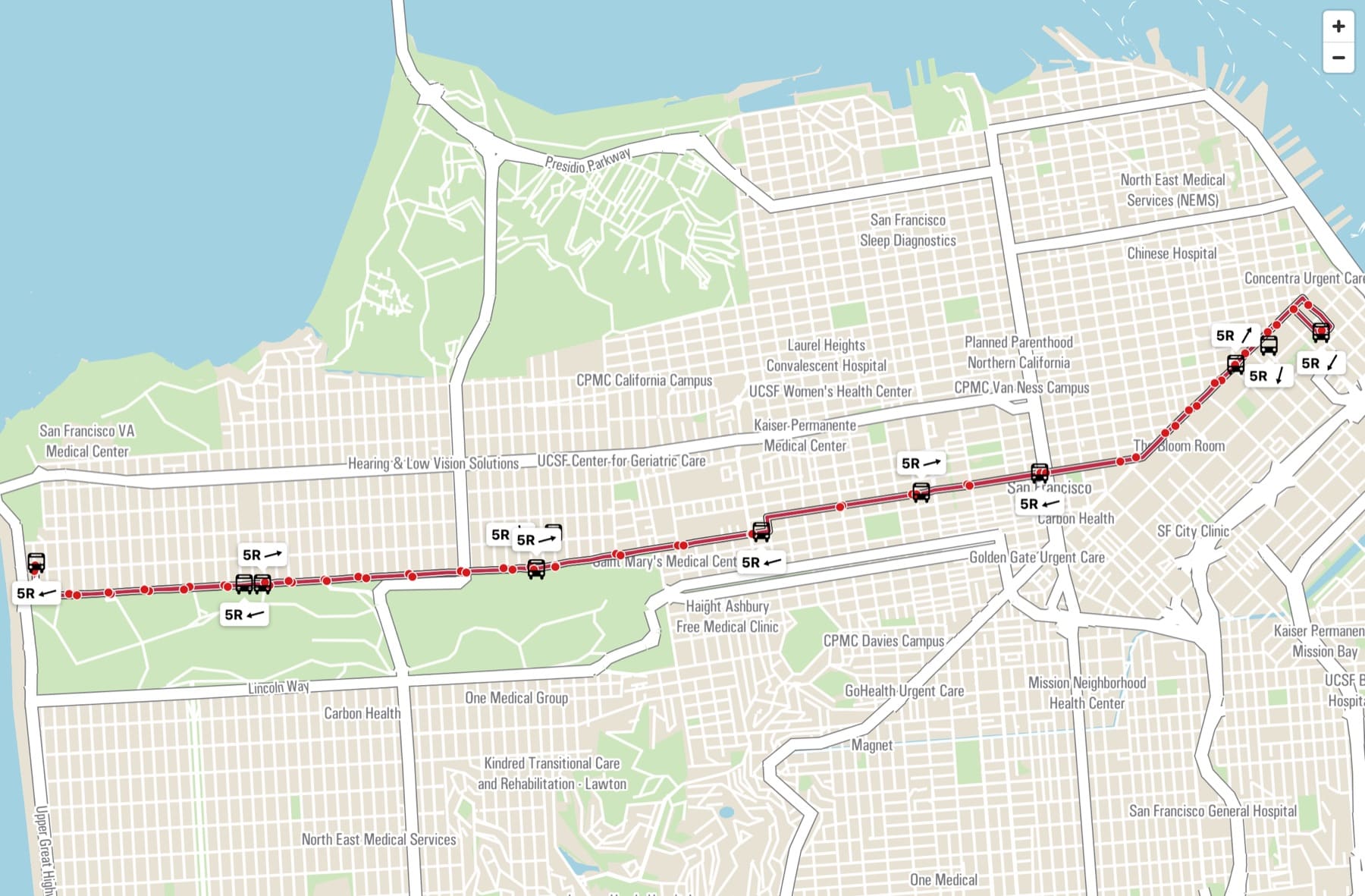 A live map of a bus route with vehicle icons and a highlighted path